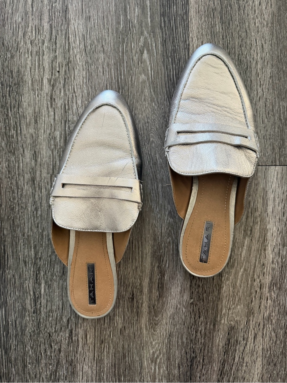 Tahari Metallic Silver Leather Penny Backless Mules